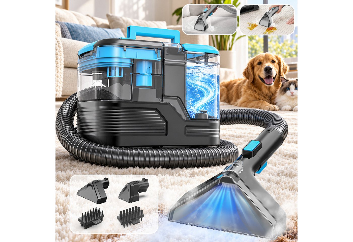 Vortisys Teppichreinigungsgerät 530W/18kPa Waschsauger für sofa und teppich, Blau, 530 W, mit Selbstreinigung, Upgrade Nasssauger Waschsauger mit langem Schlauch, großen Wassertanks und leichtem Design für Teppiche, Sofas und Autos Bild 4