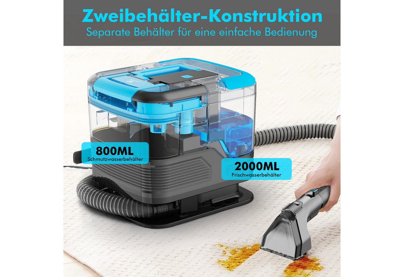 Vortisys Teppichreinigungsgerät 530W/18kPa Waschsauger für sofa und teppich, Blau, 530 W, mit Selbstreinigung, Upgrade Nasssauger Waschsauger mit langem Schlauch, großen Wassertanks und leichtem Design für Teppiche, Sofas und Autos Bild 5