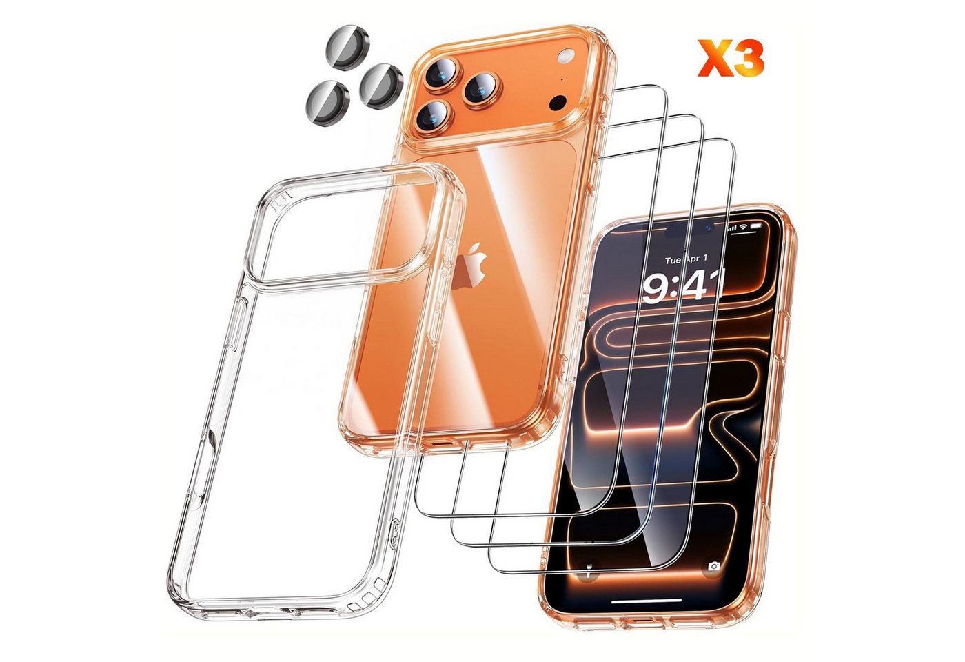 Fyrove Sichtschutzfolie 7-in-1 iPhone 17 Pro mit einem hochwertigen Komplettset bestehend, (aus 3× 9H gehärteten Displayschutzfolien, 3× Kamera-Schutzgläsern und einer transparenten TPU-Schutzhülle. Ein Kauf genügt, um Ihr Smartphone umfassend vor Kratzern, Stößen, Fingerabdrücken und täglichen Gebrauchsspuren zu schützen., iPhone 17 Pro Hülle mit Panzerglas) Bild 5
