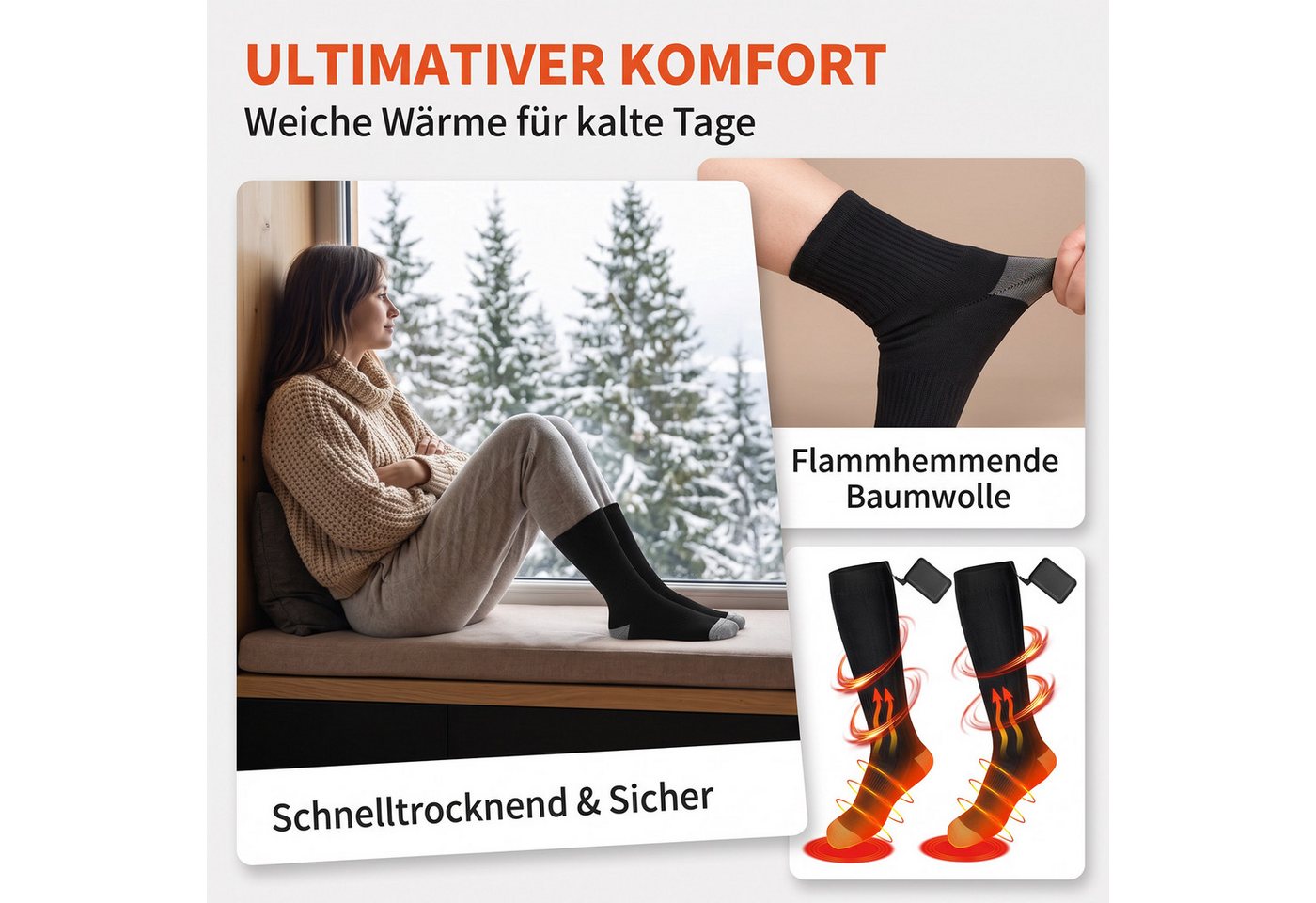 AKKEE Funktionssocken Beheizbare Socken Mit 3 Temperatureinstellungen Heizsocken Elektrisch Wiederaufladbare gezielte Fußsohlen-Wärme, Unisex & waschbar