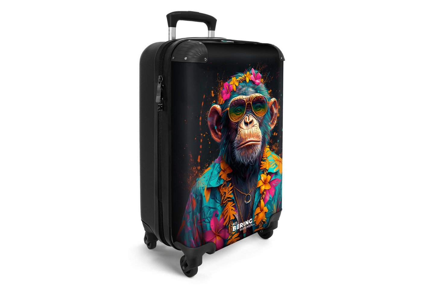 NoBoringSuitcases.com© Hartschalen-Trolley Schimpanse mit Hawaii-Bluse 55x35x20cm, Reisetasche mit Rollen, Koffer Handgepäck Flugzeug