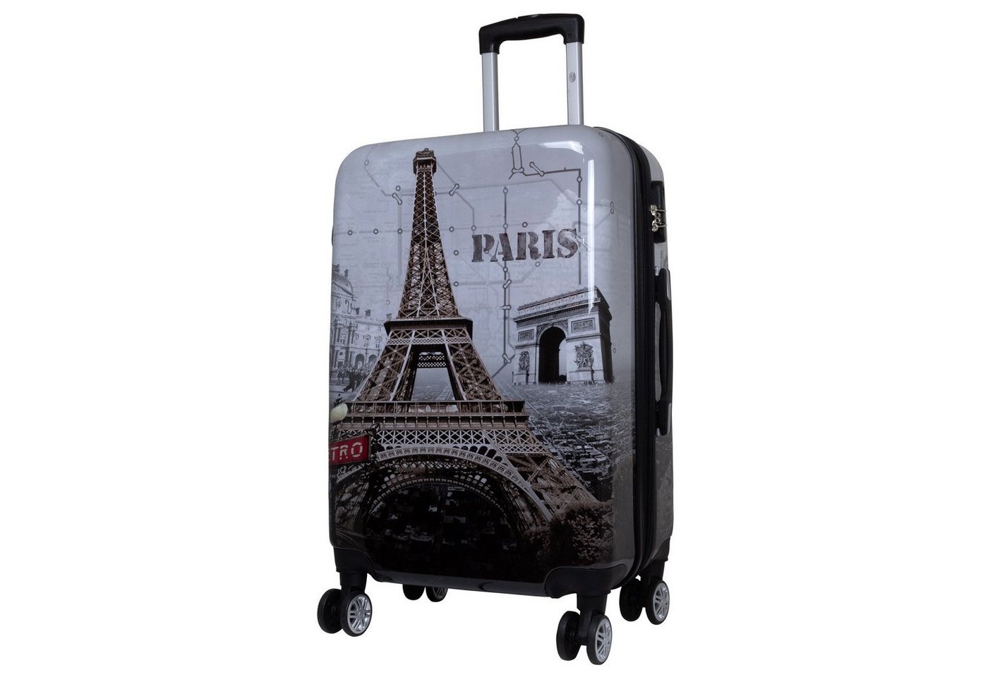 Trendyshop365 Hartschalen-Trolley Paris - Eiffelturm, bunter Koffer mit Motiv, 3 Größen, 4 Rollen, Zahlenschloss, Polycarbonat, Dehnfalte