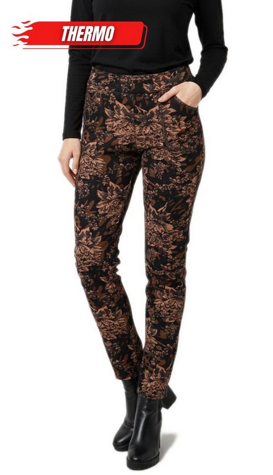 dy_mode Thermohose Damen Thermohose Blumen-Print Gefütterte Winterhose Thermoleggings Middel Waist, mit Innenfutter, mit elastischem Bund