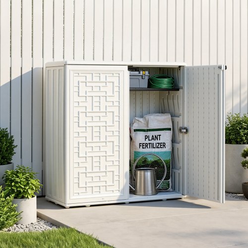VEVOR Gartenschrank Geräteschuppen Gartenhäuschen Geräteschrank 85x33x85 cm, für Garage Terrasse Garten, mit Verstellbarem Regalboden & Abschließbarer Tür, HDPE-Harz, Wasserdicht, bis zu 32 kg Belastbar