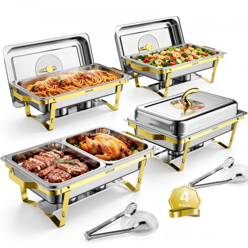 VEVOR Chafing Dish Set 4-tlg. Buffets je 8,52 L Edelstahl Warmhaltebehälter, Hochzeiten, Partys, Bankette, Faltbarer Ständer, 2 Behälter in Voller Größe und 4 Behälter in Halber Größe, Servierzange
