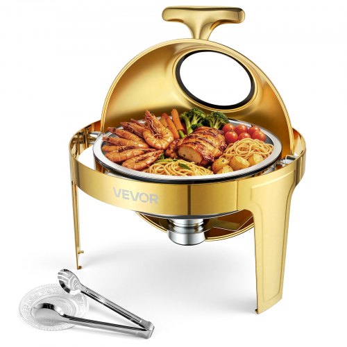 VEVOR Chafing Dish 1 Stück für Buffets 5,7 L Edelstahl Warmhaltebehälter für Hochzeiten, Partys, Bankette, Runder Rolldeckel zum Einfachen Nachfüllen, inkl. Servierzange, Speisenbehälter, Wasserwanne