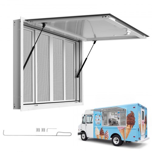 VEVOR Verkaufsfenster für Foodtrucks 1524 x 915 mm aus Aluminiumlegierung, Konzessionsfenster Verkaufsstände, bis 85° Aufklappbar, mit 4 Fliegengittern, Verkaufsklappe, Schlepphaken und Regenschutz