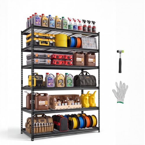 VEVOR Lagerregal 6-Stöckig Drahtregal 1400x612x1958mm mit 1633kg Tragkraft, Gitterregal für Lager Garage Werkstatt Zuhause, Stahlkonstruktion, Regalböden Höhenverstellbar, Drahtgitterpaneele, Schwarz
