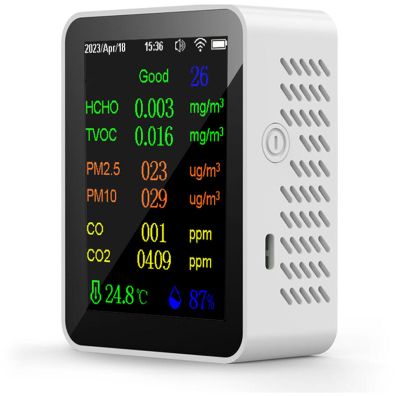 Amxcnoy 9-in-1 Tragbares Luftqualitätsmessgerät, Pm2.5, Pm10, Co, Co2, Tvoc, Hcho, Aqi, Temperatur Und Luftfeuchtigkeit, Farbbildschirm, Kohlendioxiddetektor Mit Datums- Und Zeitanzeige