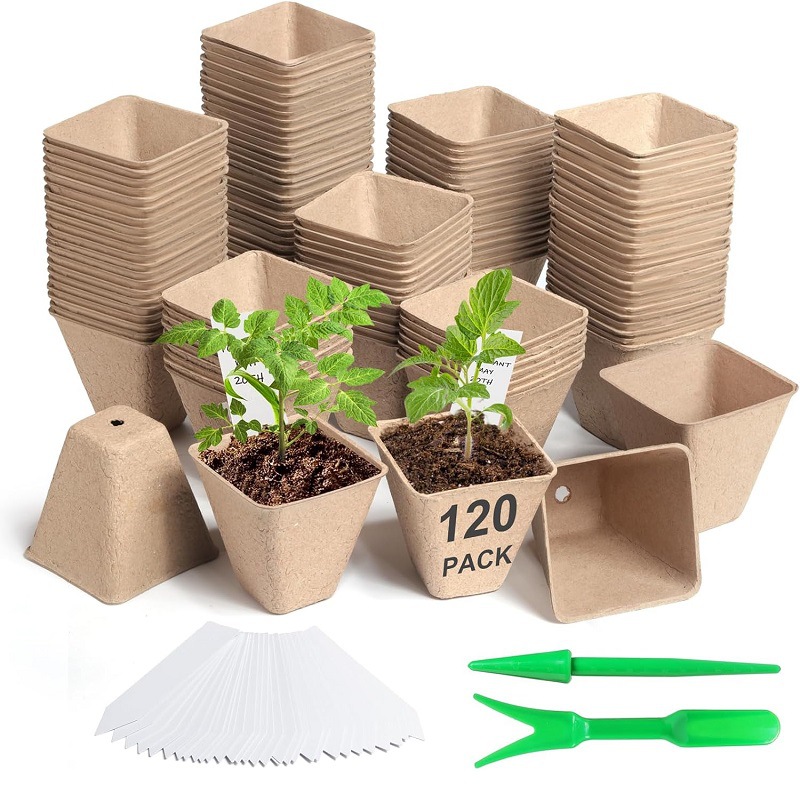 Biologisch Abbaubare Anzuchttöpfe, 120 Stück 8 Cm Große Pflanztöpfe, Abbaubare Anzuchttöpfe + 30 Pflanzenetiketten + 2 Umpflanzwerkzeuge, Kleine Töpfe Zum Pflanzen Von Blumensamen