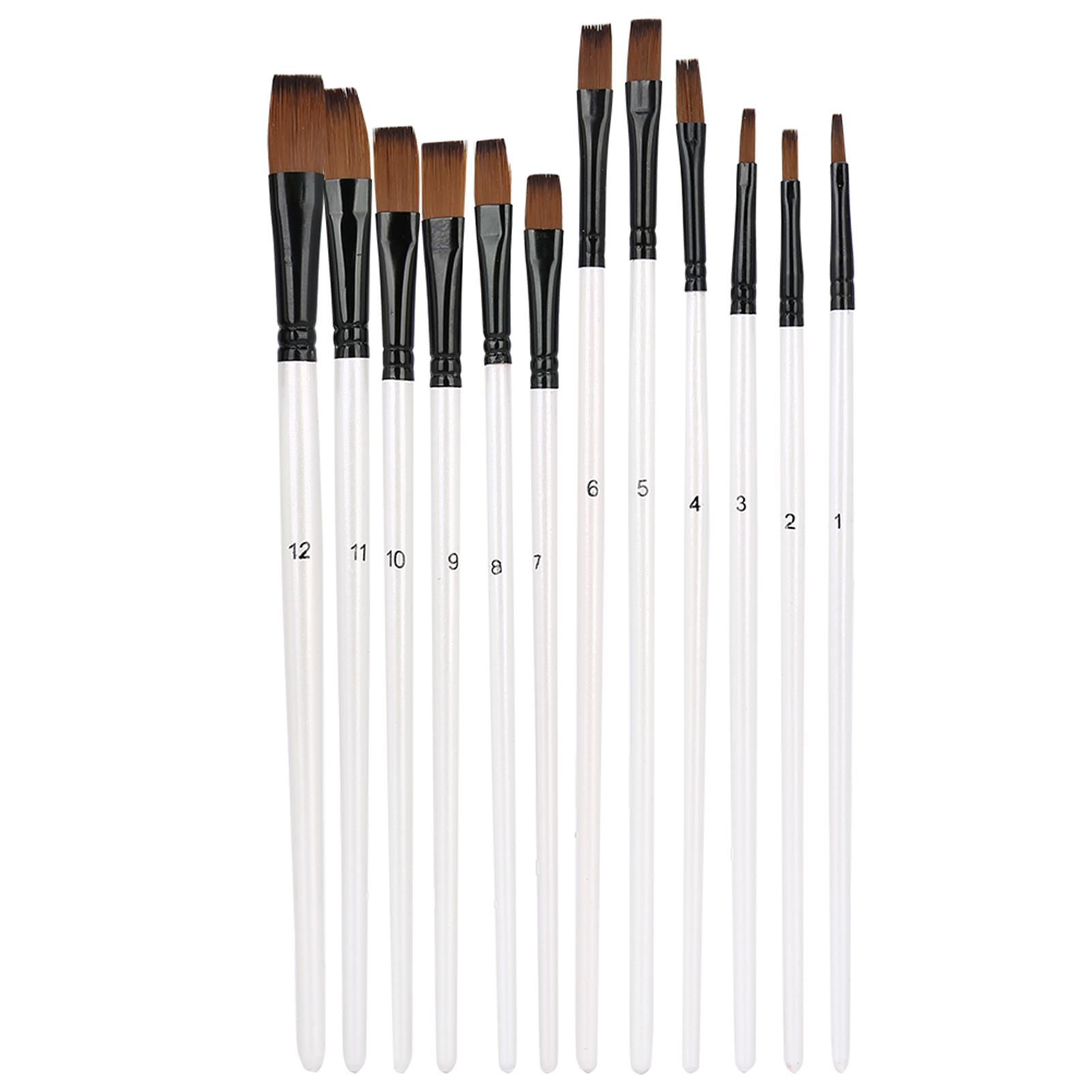 Set Mit 12 Nylonhaarpinseln Mit Holzgriffen, Verschiedene Ausführungen, Perlweiß Für Öl- Und Acrylmalerei – Flachkopf