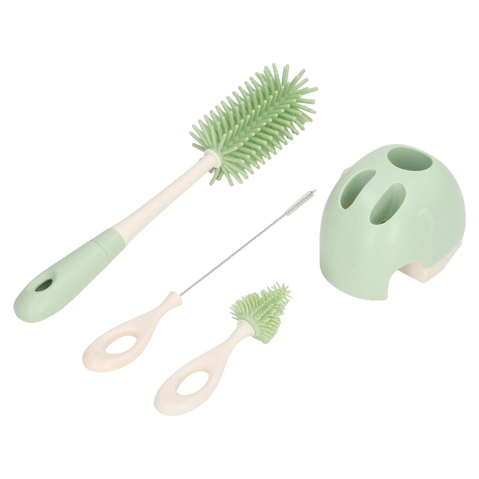 Ergonomisches, Multifunktionales Silikon-flaschenbürsten-set Mit Sauger- Und Strohhalmhalter – Grüner, Gerader Griff