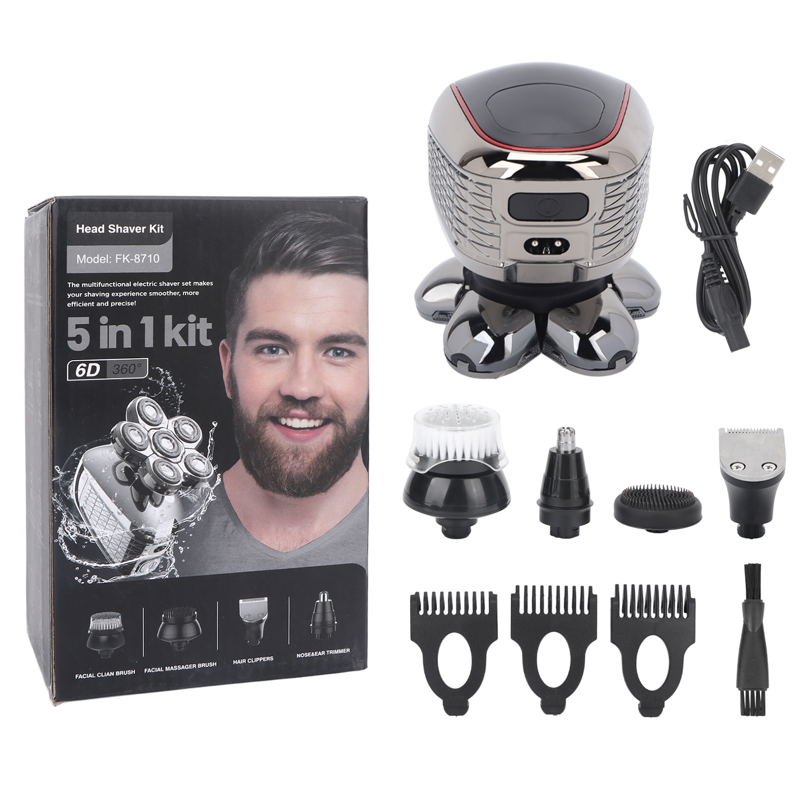 6d 5-in-1 Elektrorasierer Für Herren – Wiederaufladbarer Glatzentrimmer, Multifunktionales Pflege-set
