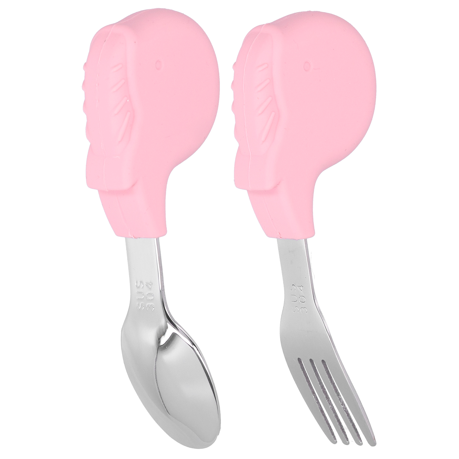 2-teiliges Babybesteck-set, Löffel Und Gabel Aus Edelstahl Zum Erlernen Des Selbstständigen Essens, In Form Eines Rosa Wals.