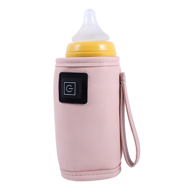 Tragbarer Usb-flaschenwärmer Mit Drei Temperaturstufen, Kratzfestem Design Und Rosa Lederbezug Zum Erwärmen Von Babymilch Unterwegs