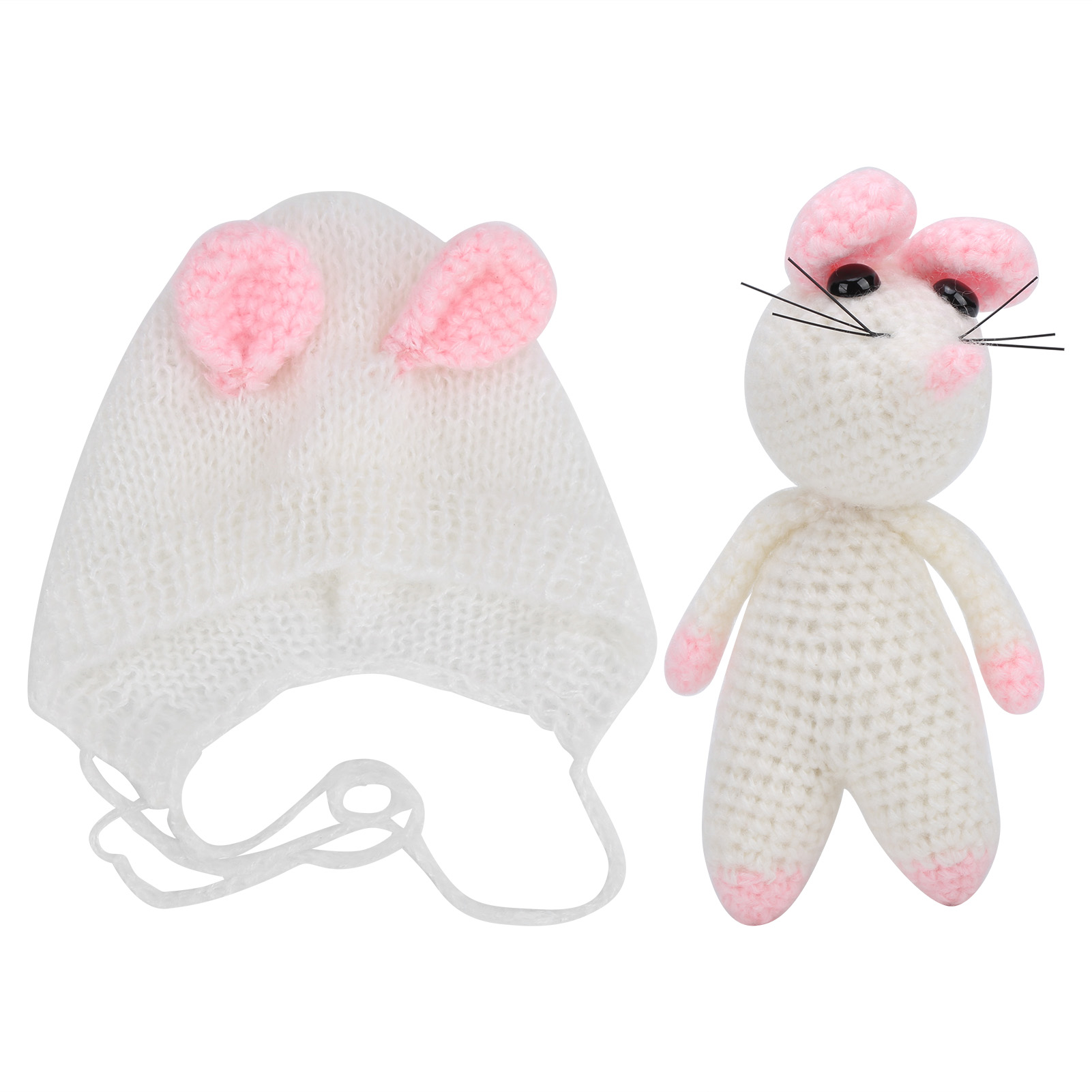 Gestricktes Neugeborenen-set Mit Mäusemütze Und Puppe – Ideal Für Babyfotoshootings – Weiß