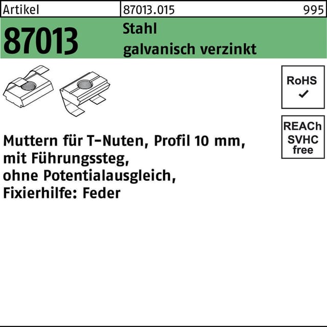 Art 87013 Muttern Fü R T-nuten St. Gal Zn 10 Mm, M 6 Ohne Potenzialausgl. Gal Zn 100 Stk