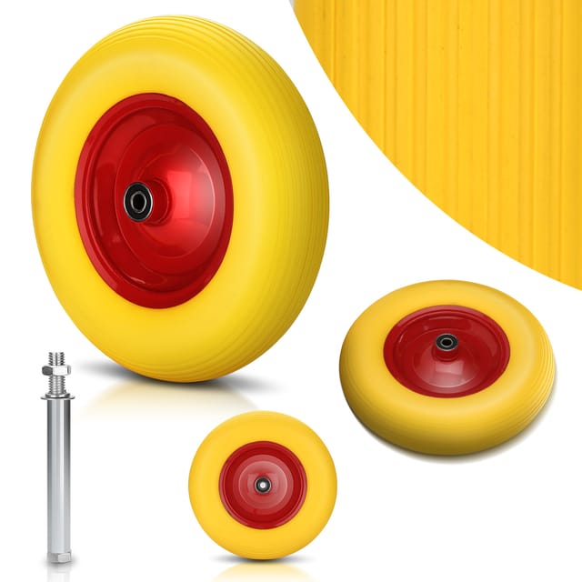 Jiubiaz 4x Ersatzrad Schubkarrenrad Schubkarre Rad Reifen Vollgummi Felge 4.80/4.00 Max 200kg Mit Achsbohrung 20mm (1 Rad + Achse), Gelb