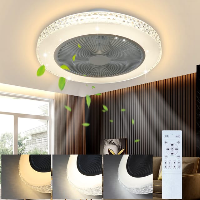 Gbly Deckenventilator Mit Beleuchtung Und Fernbedienung Leise 48.5cm Led Deckenlampe Dimmbar Mit Timer Kristall Optik Sommer Und Winterbetrieb Für Schlafzimmer Wohnzimmer Esszimmer