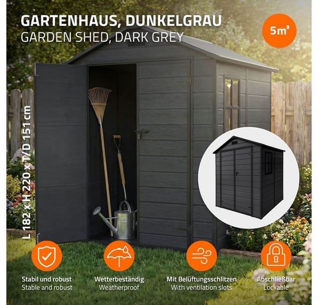 Ecd Germany Gartenhaus Wetterfest 2,3m², Kunststoff Gerätehaus Mit Boden & Satteldach, 151x182x220 Cm, Dunkelgrau, Geräteschuppen Mit Fenster Doppeltüren Belüftung, Gartenschuppen Outdoor Aufbewahrung