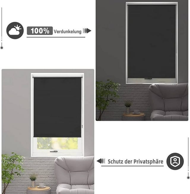Woltu Verdunklungsrollo Thermorollo Klemmfix Ohne Bohren Schwarz Schwarz 40x160cm(bxh）