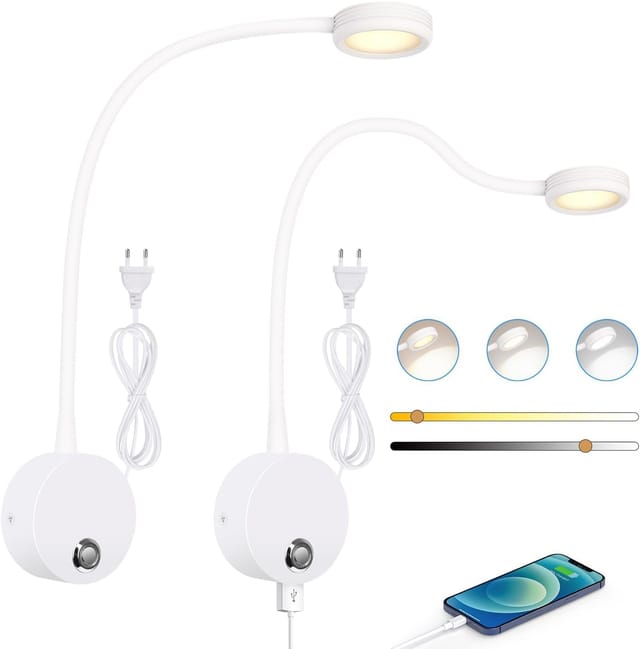 2er-set Wandleselampen, Nachttischlampen Mit Dimmbarem Touch-schalter (3000–6000 K), Usb-ladeanschluss, 4 W, 360° Schwenkbar, Inklusive Stecker Und Kabel, Weiß