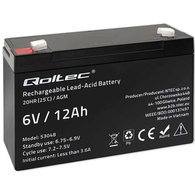 Qoltec Agm Batterie 6v 12ah Wartungsfrei Effizient Longlife Für Usv, Waagen, Kassen