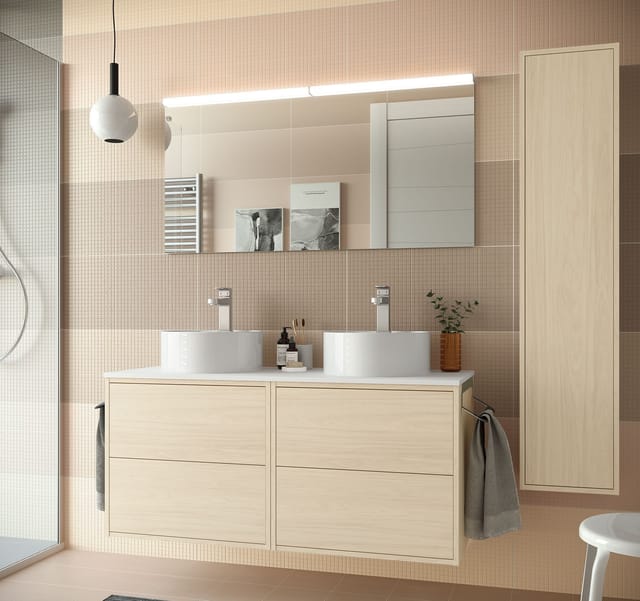 Hängender Badezimmerschrank 120 Cm Aus Nordischem Holz Mit Doppelwaschbecken - Olympus - 120 Cm Mit Spiegel Lampe