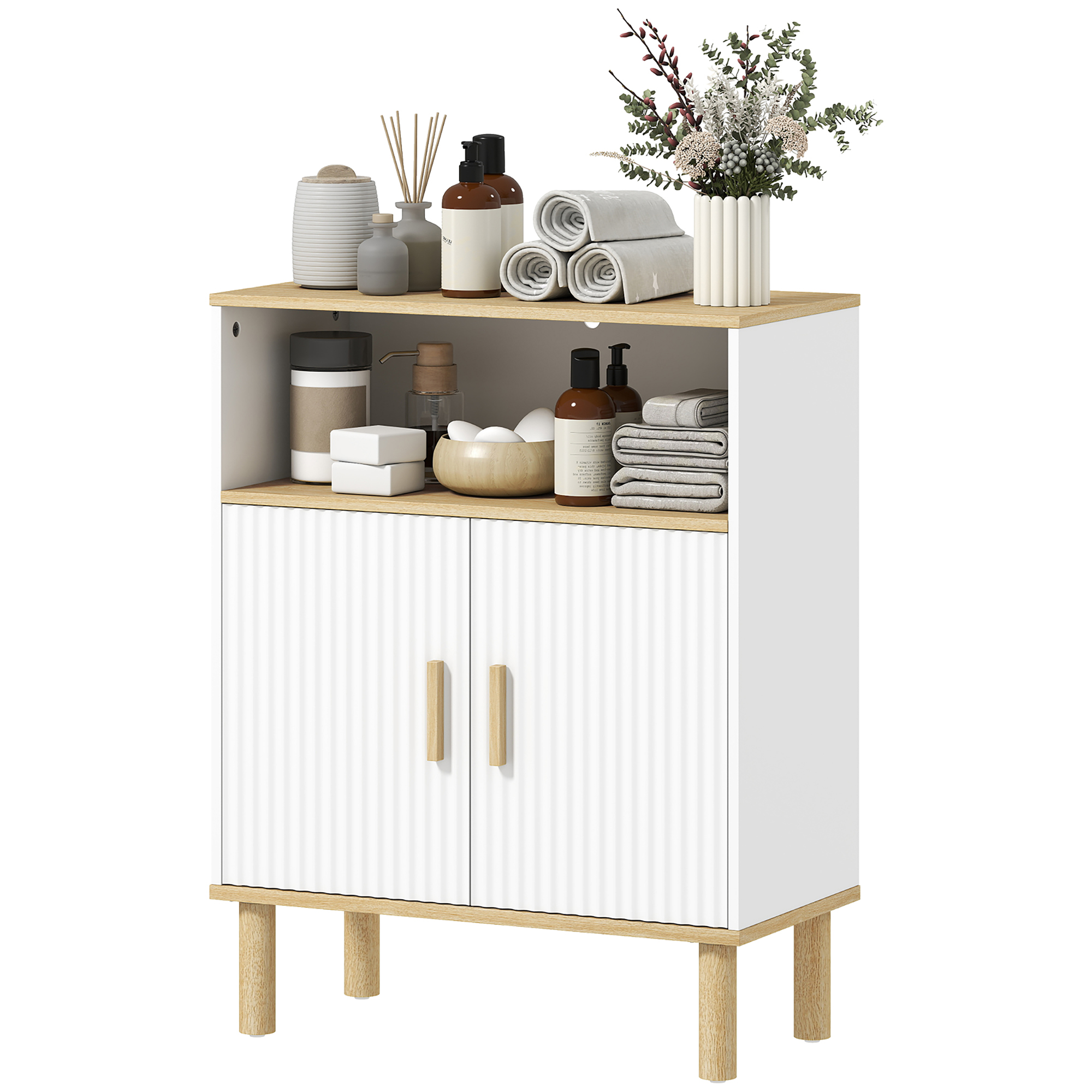 Badezimmerschrank Mit 2 Türen, Verstellbarem Einlegeboden Und Offenem Fach, 60 X 29,5 X 76,5 Cm, Weiß