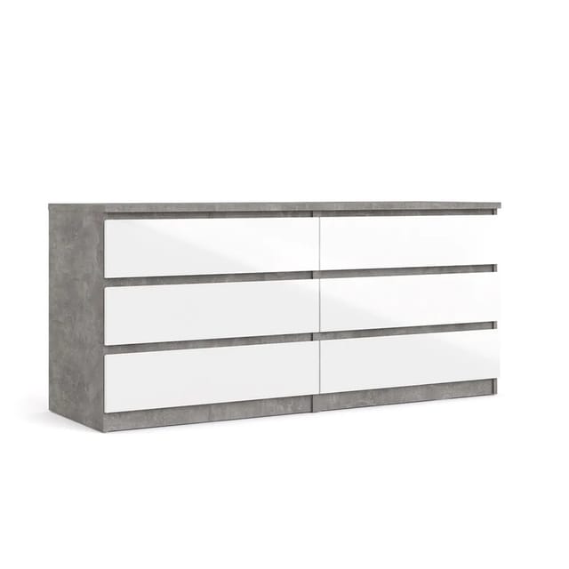 Hellin - Nada Kommode Breit Mit 6 Schubladen, Beton Dekor,weiss Hochglanz.