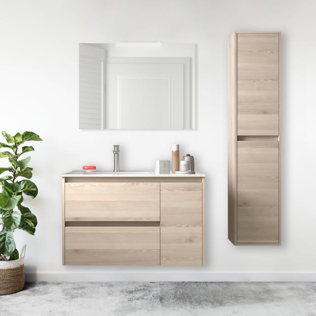 Abitare - Hängender Badezimmerschrank 85 Cm Aus Naturholz Mit Porzellanwaschbecken – Nova - Mit Spiegel Und Led Lampe