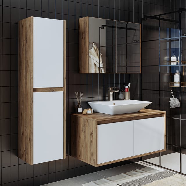 Roomart Atlantic-100 Badmöbel Set 4-teilig 100 Cm Weiß-eiche