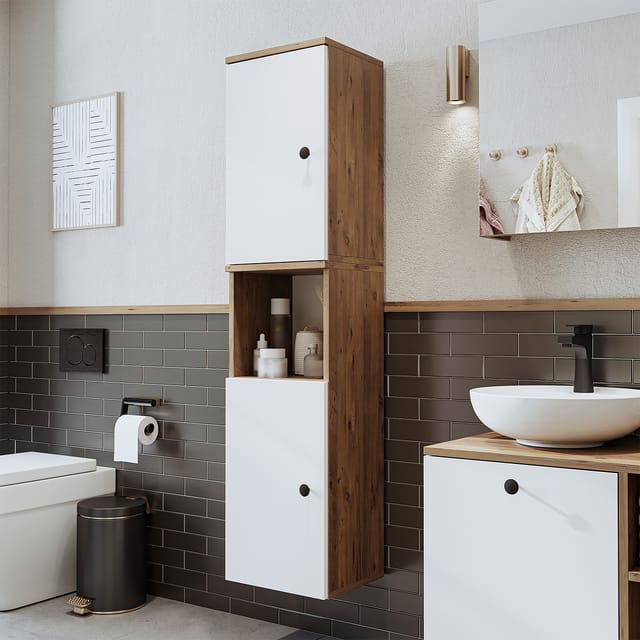 Roomart Lotus-i-95 Badmöbel Hochschrank 35 Cm Weiß-eiche
