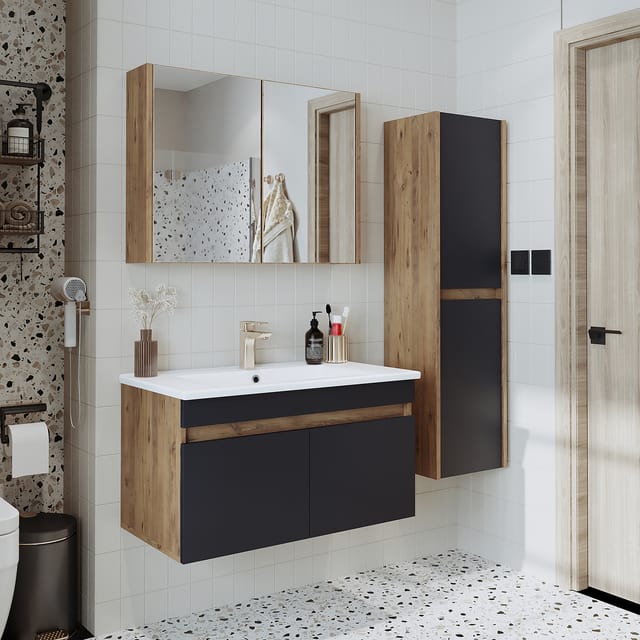 Roomart Atria-85 Badmöbel Set 4-teilig 85 Cm Anthrazit-eiche