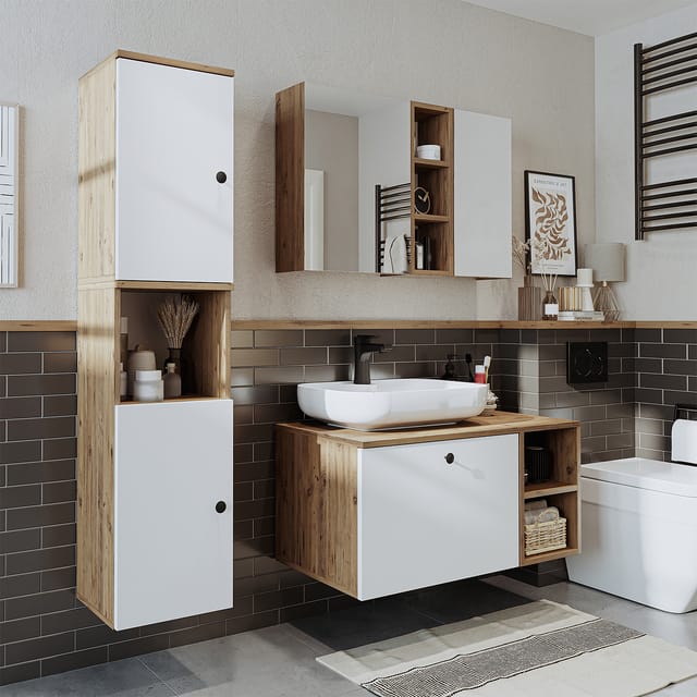 Roomart Lotus-i-95 Badmöbel Set 4-teilig 95 Cm Weiß-eiche