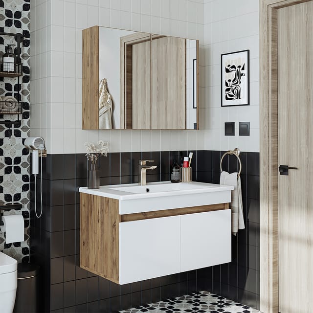 Roomart Atria-85 Badmöbel Set 3-teilig 85 Cm Weiß-eiche
