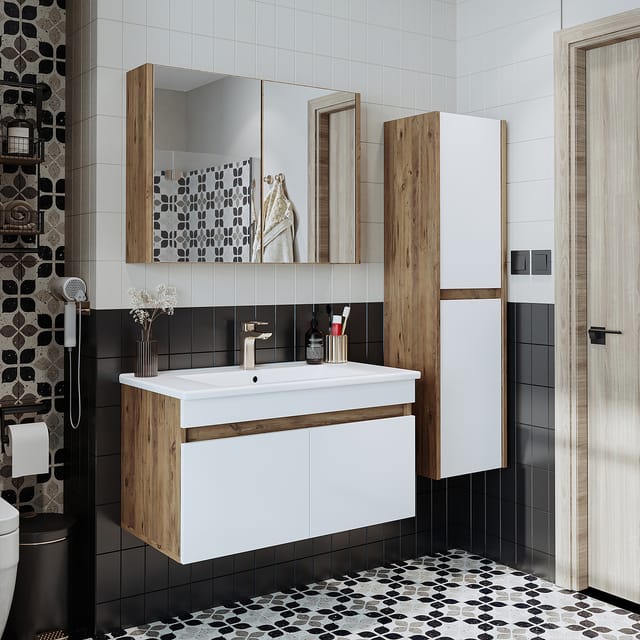 Roomart Atria-85 Badmöbel Set 4-teilig 85 Cm Weiß-eiche