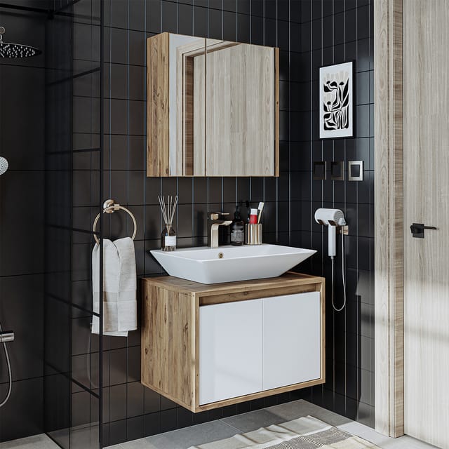 Roomart Atlantic-65 Badmöbel Set 4-teilig 65 Cm Weiß-eiche