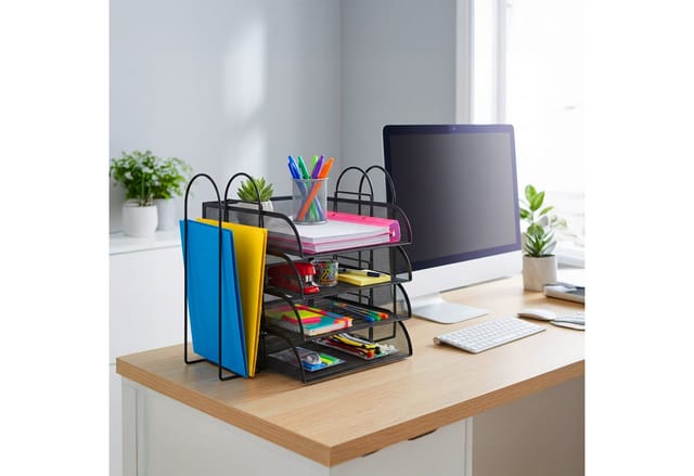 Relaxdays Briefablage, Metall, A4, 4 Fächer, 2 Stehsammler, Hxbxt: 33 X 40,5 X 33,5 Cm, Schreibtisch Organizer, Schwarz