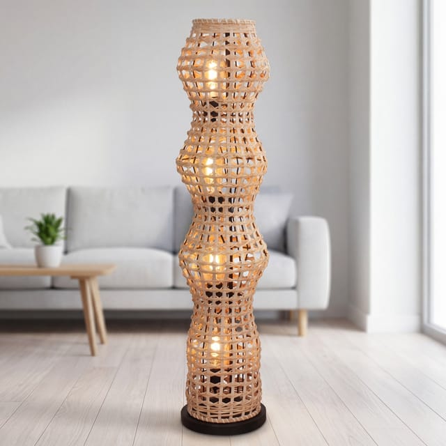 Stehleuchte Metall Rattan 111 Cm Schwarz Natur E27 4-flammig Rund Skandinavisch Stehlampe
