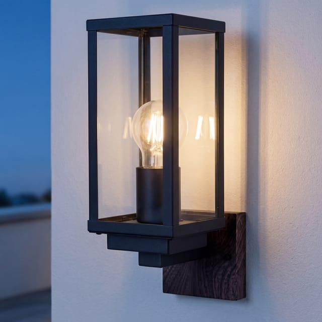 Wandleuchte Außen Holz H: 32 Cm Ip44 Schwarz Natur E27 Eckig Vintage Design Außenwandleuchte