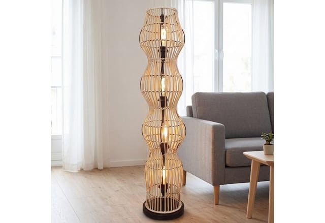 Stehleuchte Aluminium Holz E27 111 Cm Hoch Schwarz Natur 4-flammig Rund Skandinavisch
