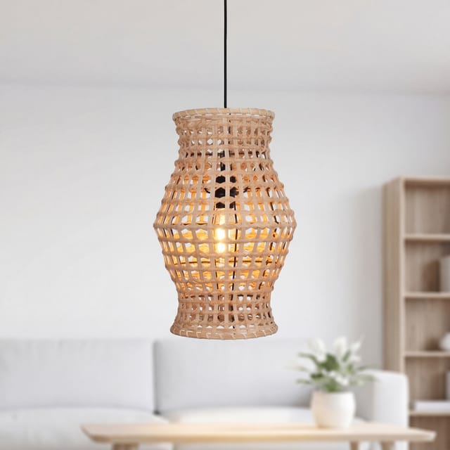Hängelampe Metall Rattan E27 D: 30 Cm Rund H: Max. 61 Cm Schwarz Natur Skandinavisch Pendelleuchte