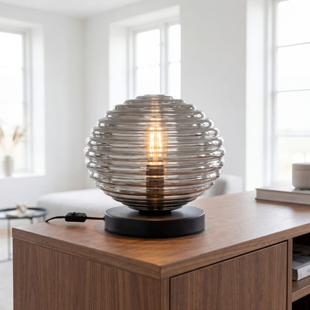 Nachttischlampe Metall Rauchglas E27 Ø 32 Cm 28 Cm Schwarz Rauchgrau Rund Modern