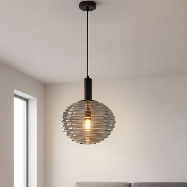 Hängelampe Metall Rauchglas Rund Ø 32 Cm H: Max. 150 Cm Schwarz Rauchgrau E27 Modern Pendelleuchte