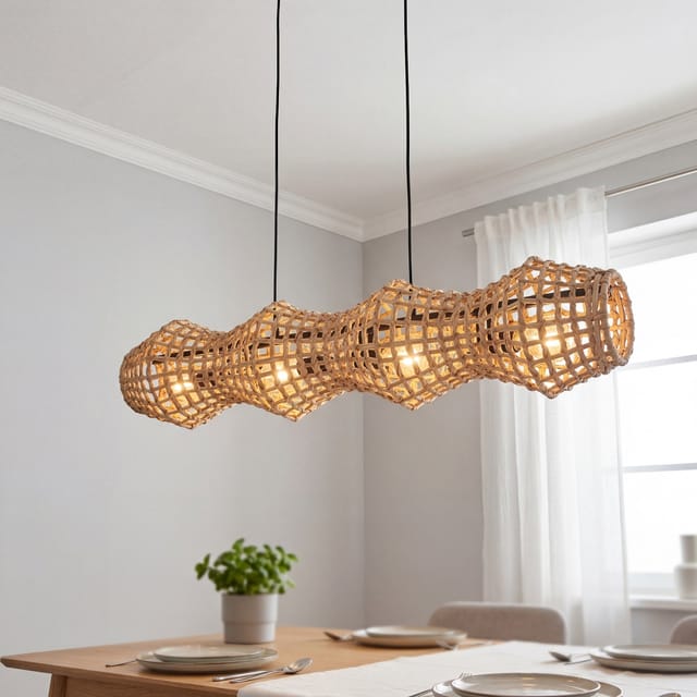 Hängeleuchte Rattan Metall E27 H: Max. 145 Cm Schwarz Natur 4-flammig Länglich Skandinavisch
