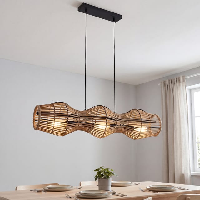 Pendelleuchte Holz Aluminium E27 H: Max. 145 Cm Schwarz Braun 3-flammig Länglich Skandinavisch