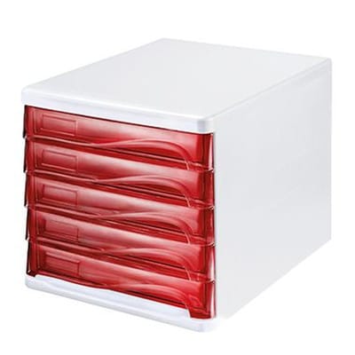 Schubladenbox The Wave 5 Schubladen Din A4 Din C4 Polypropylen/polystyrol Gehäusefarbe: Weiß Farbe Der Schublade: Rot Transparent