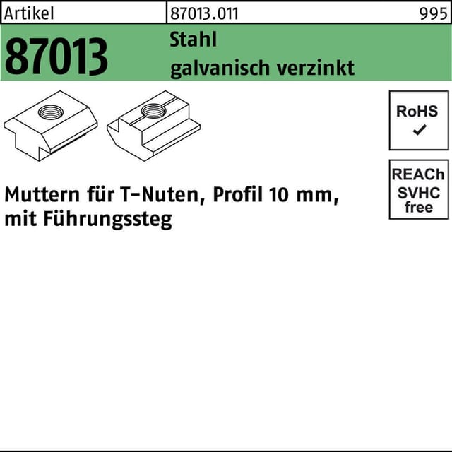 Art 87013 Muttern Für T-nuten St. Gal Zn 10 Mm, M 8 Mit Führungssteg Gal Zn K 250 Stk