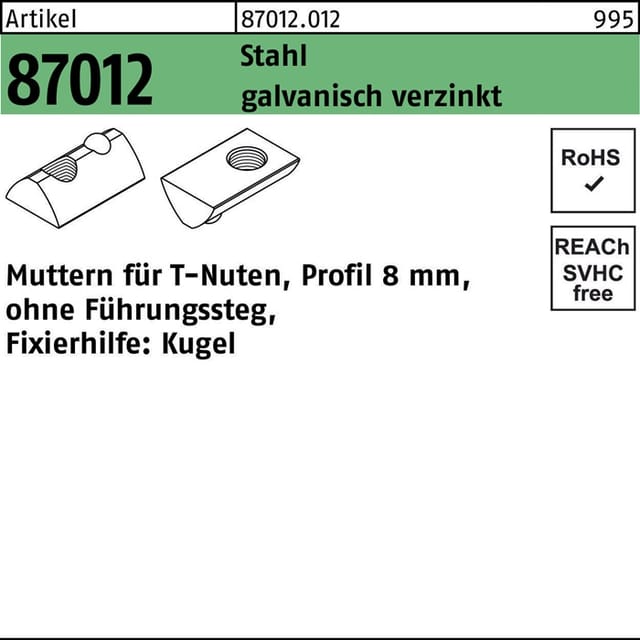 Art 87012 Muttern Für T-nuten St. Gal Zn 8 Mm, M 6 Ohne Führungssteg Gal Zn K 100 Stk